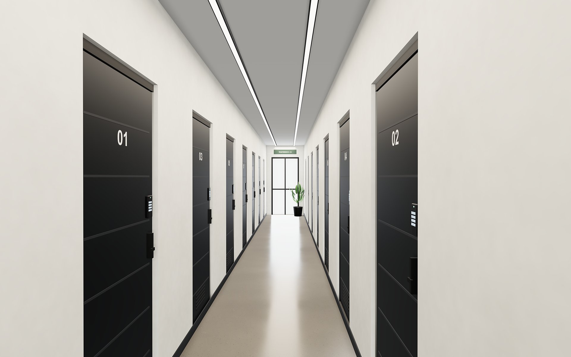 Render del pasillo de trasteros con cerraduras digitales