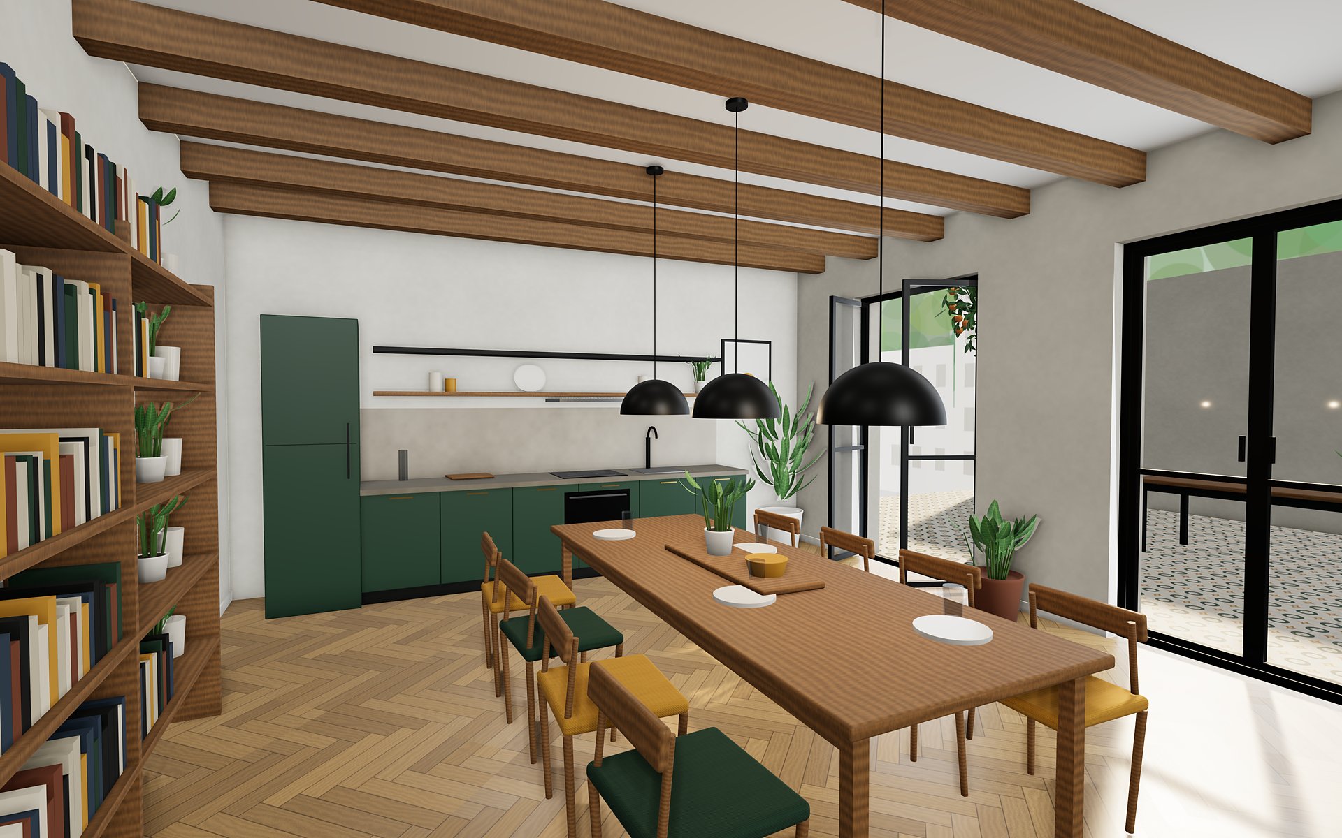 Render de la cocina-comedor comunitaria